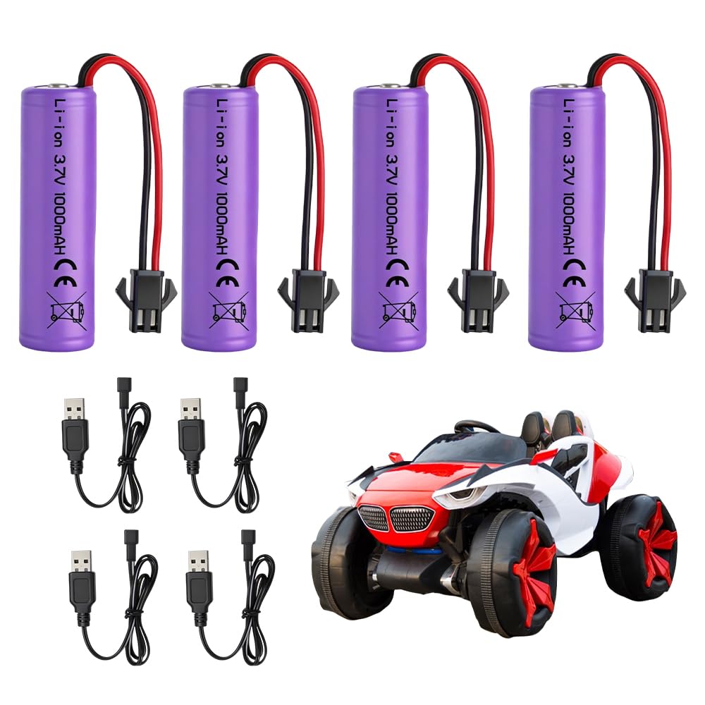 4 PCS 3.7V 1000mah Li-Ion Battery, 3.7 Volt Rechargeable Battery with 4 USB Charging Cable SM-2P Plug, 3.7V RC Battery, Universal Li-ion Battery for RC Vehicles, Boats, Tanks, Cars, Robots — image 1