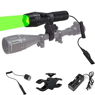 WINDFIRE Green Light LED Flashlight Super Bright 8000 Lumen Zoomable Waterproof Outdoor Tactical Hunting Flashlight Set with Pressure Switch, Picatiny Mount for Hog Coyote Varmint Hunter