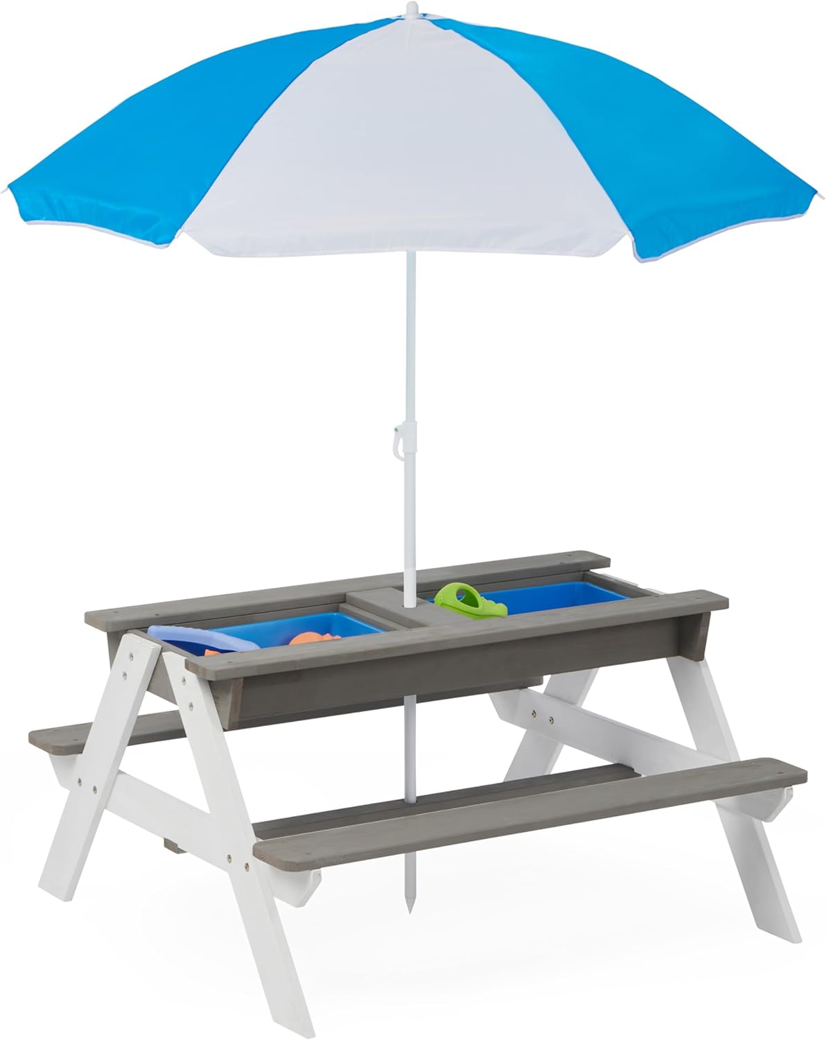 37" Kids Outdoor Wooden Picnic Table, 3-in-1 Wooden Table Chair Set with Removable Umbrella for Garden, Beach, Backyard, Porch, Patio (Grey)