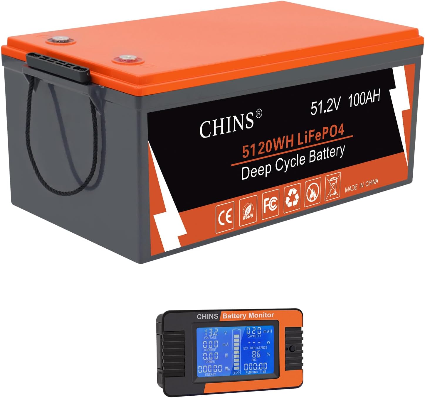 CHINS 48V 100Ah Lithium Golf Cart Battery, Includes Monitor, Built-in Bluetooth 200A BMS, 4000+ Cycles, 48V Lithium Battery Perfect for Golf Cart