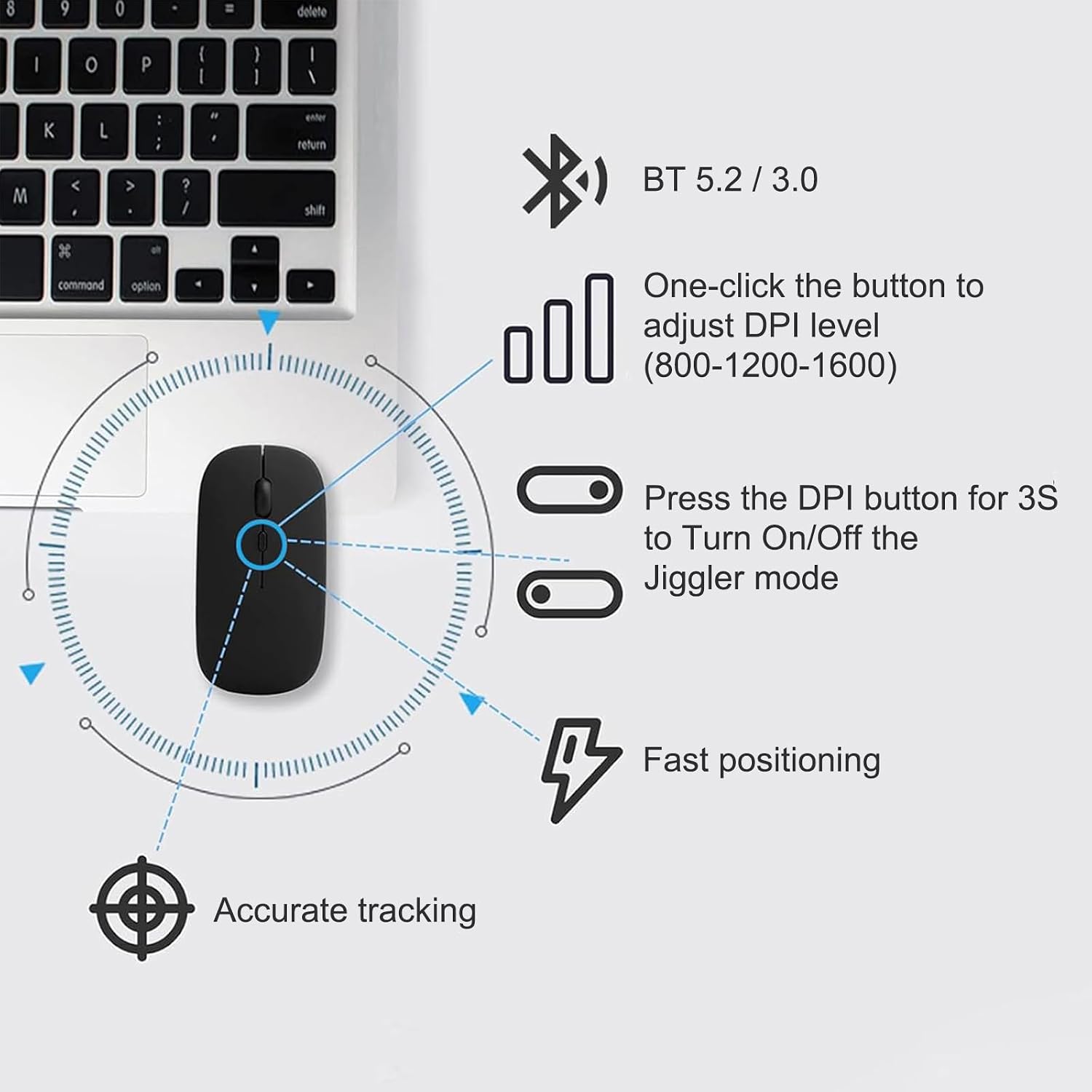 Wireless Mouse for MacBook Air iMac Mac Pro Laptop Desktop Computer, Rechargeable Silent Wireless Mouse USB C with Jiggler for Surface Pro (Bluetooth 5.2/3.0, 2.4G USB A, Type-C Receiver) image 4
