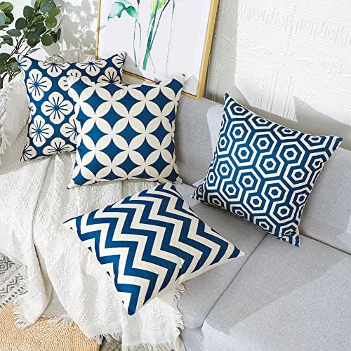 Artscope Geometric Cherry Blossoms Cushion Covers, Set of 4 Japanese-style Throw Pillow Covers Cases for Sofa Couch Car Farmhouse Home Decor 45x45cm Blue