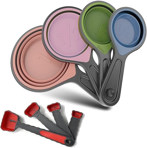 Tazas medidoras plegables de silicona suave y cucharas medidoras, 8 piezas de taza portátil de silicona de grado alimenticio para medir líquidos y