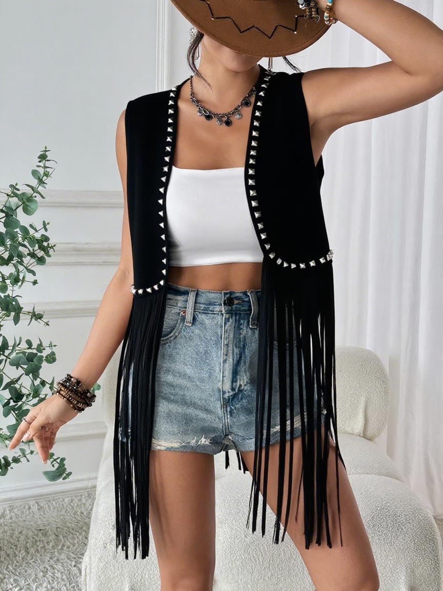 HYTENSUN Women's Fringe Vest 60s 70s Hippie Vest Sleeveless Cowgirl Western Faux Suede Tassel Leather Jacket Hippie Party - Image 4