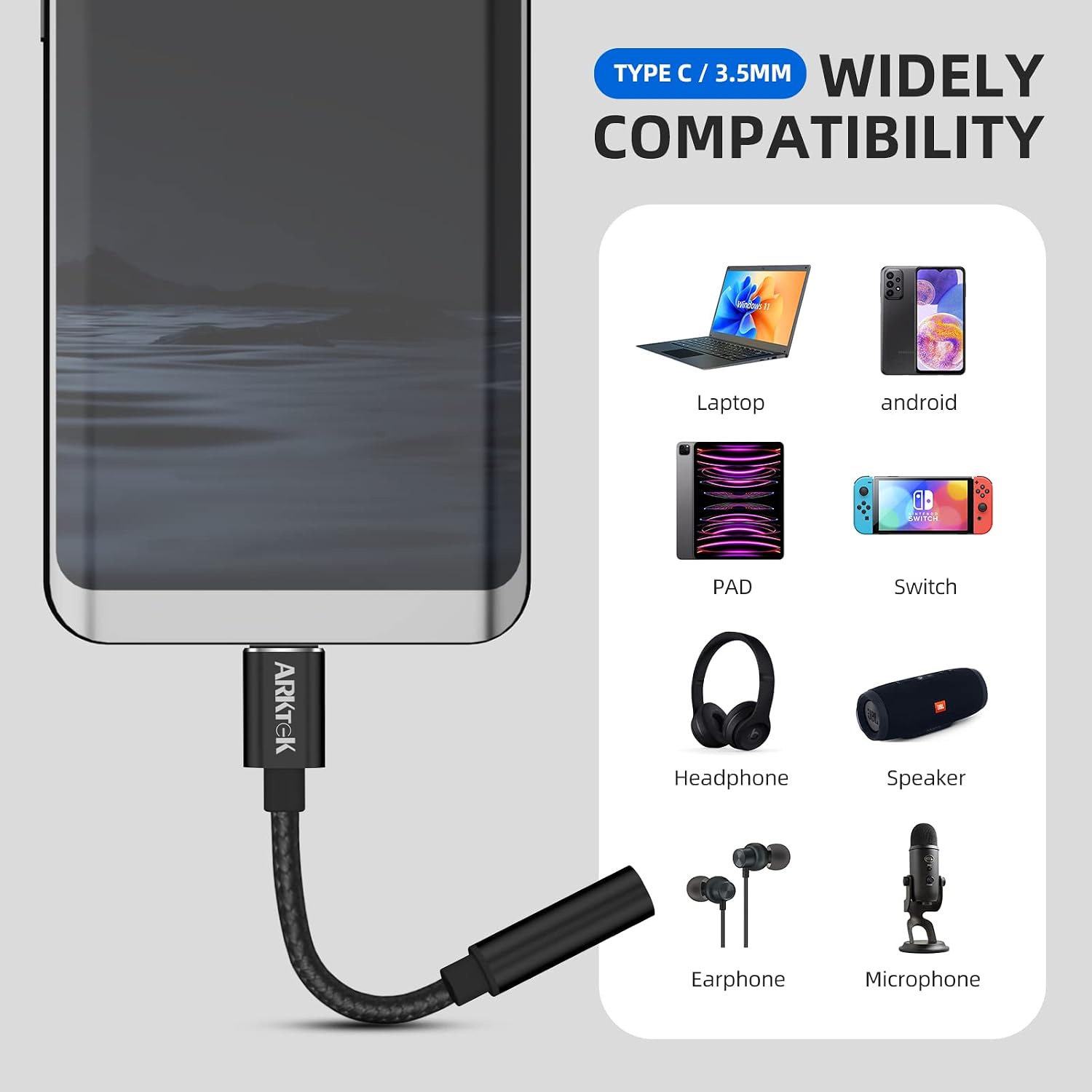 ARKTEK USB-C to 3.5 mm Female Headphone Jack Adapter, USB C to Aux Audio Dongle Nylon Cable Cord Compatible with Samsung Galaxy S22 S21 S20 Ultra Pixel 6 5 4 iPad Pro MacBook and More Type C Devices