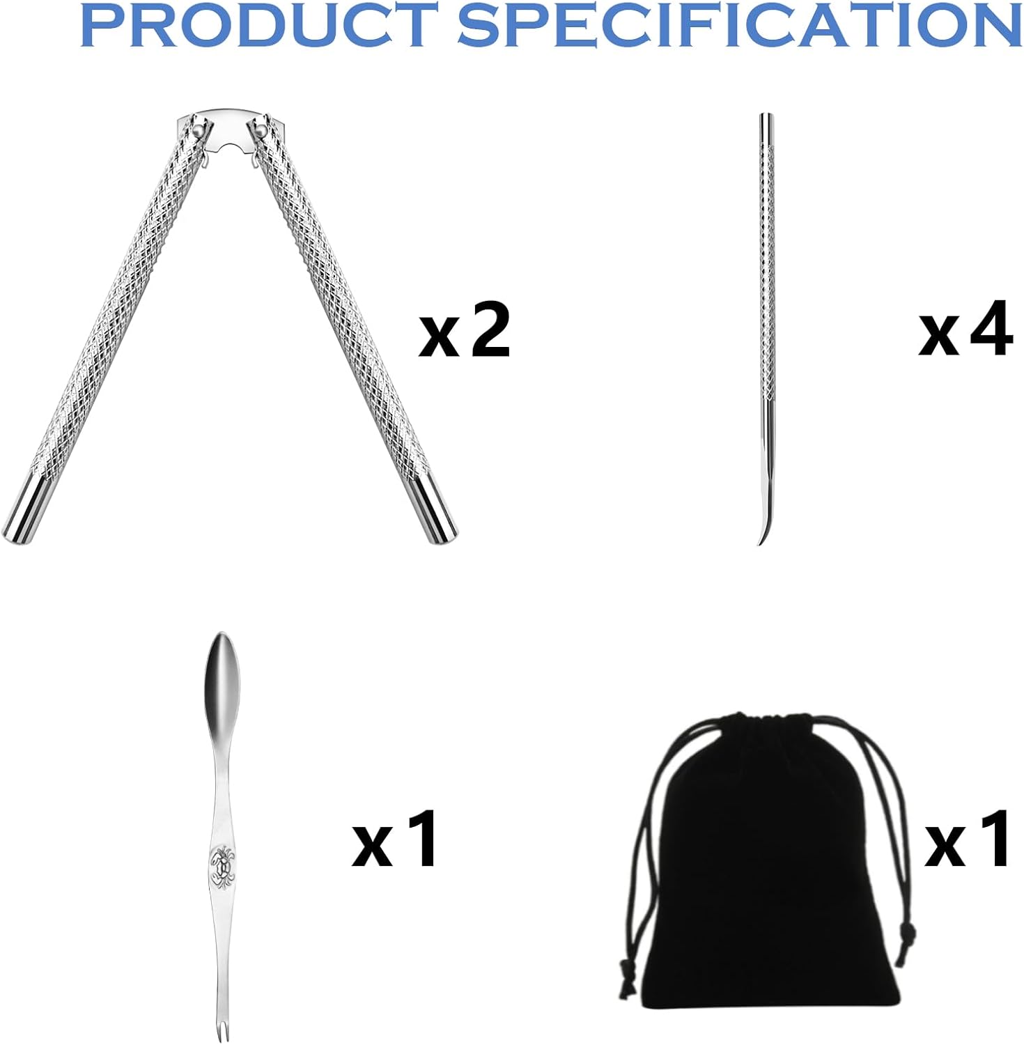 Artcome 8 Pcs Nutcracker Stainless Steel Nut Cracker Set - 2 Nut Cracker, 4 Picks, 1 Wide Crab Fork and 1 Storage Bag