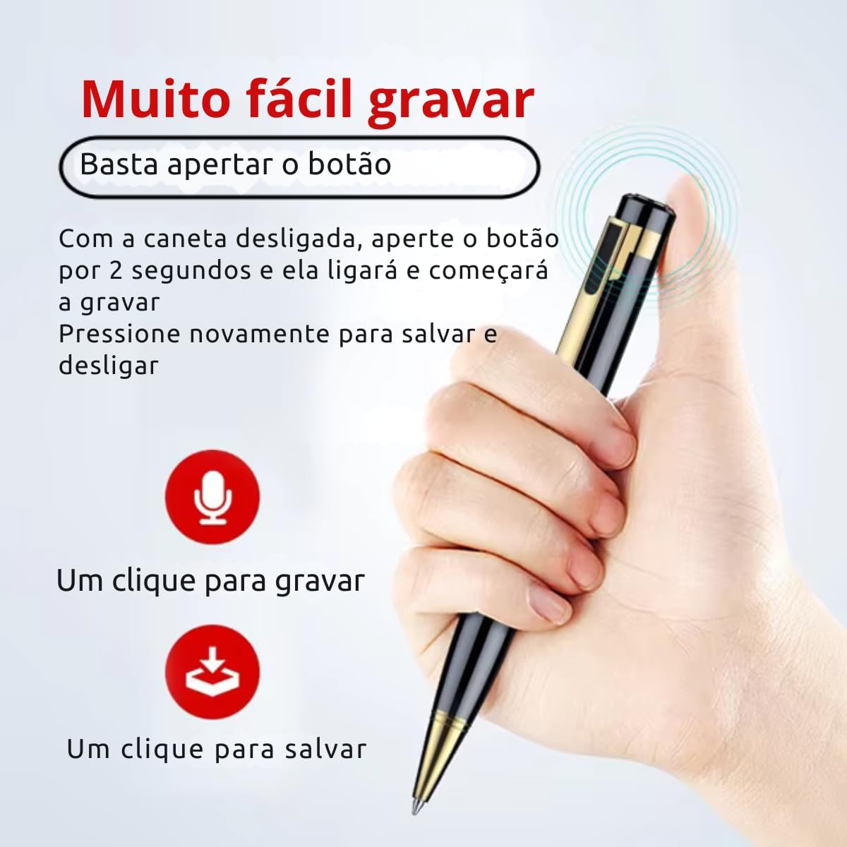 Image showing the Q500 Voice Recorder Pen alongside icons representing its features: Noise reduction, voice activation, one-click recording, MP3 player, normal writing function, and replaceable ink refill.