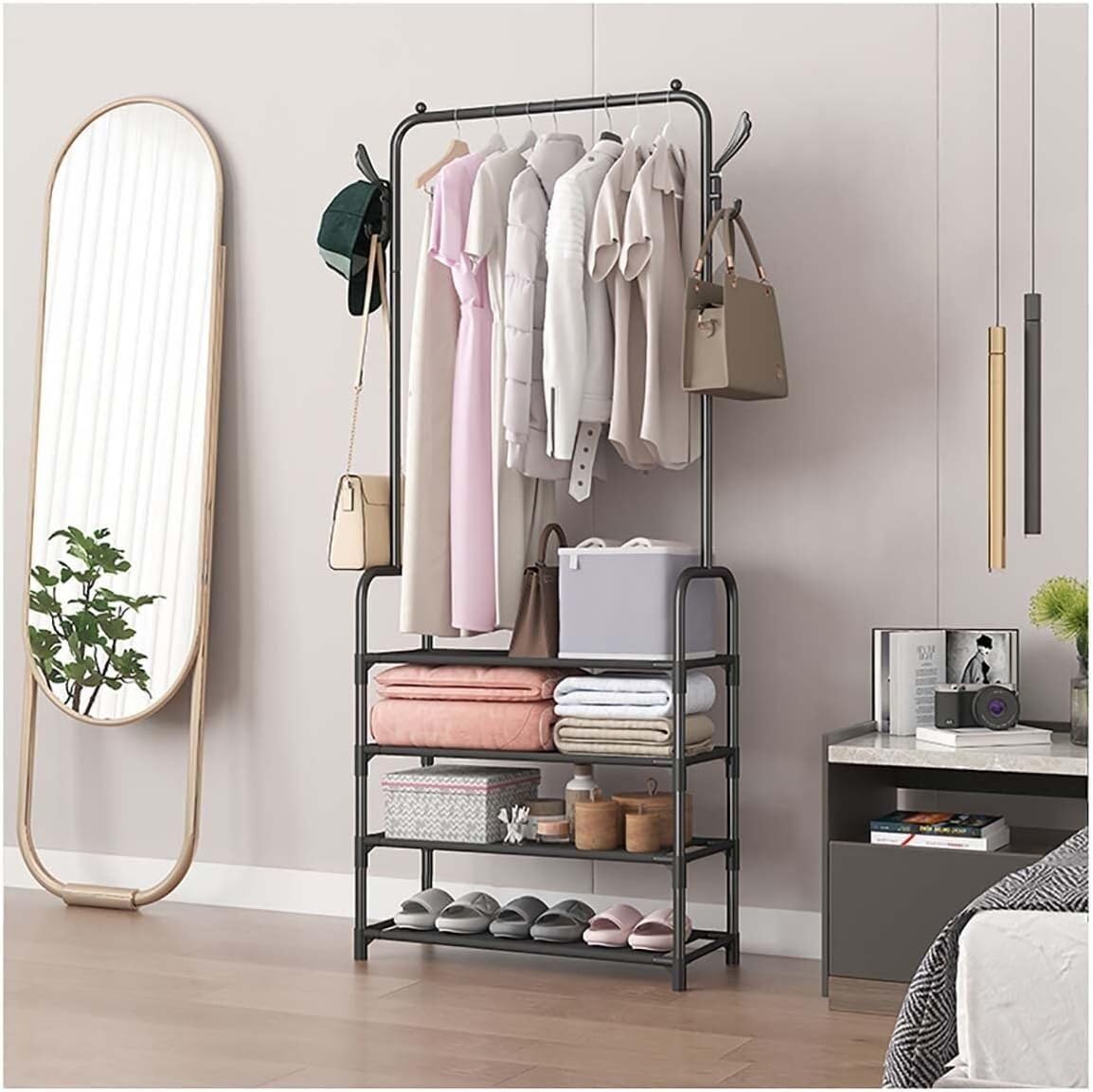 KIJyfgTR Entryway Coat Rack Hall Tree With 4-Tier Shoe Shelf Free-Standing Shoe Rack For Bedroom Living Room Hallway(Schwarz)