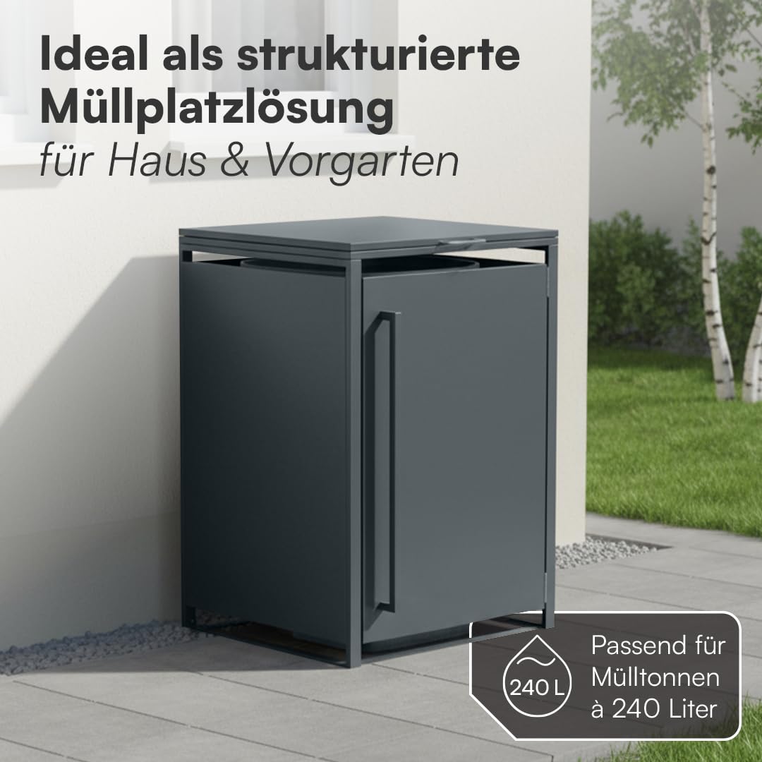 STEELSØN Xalara Mülltonnenbox 1er bis 240L – Mülltonnenverkleidung aus Stahl in Anthrazit – hochwertige Müllcontainer für 1 Tonne – Müllbox wetterfest – UV-beständige Gerätebox/Mülltonnen Box