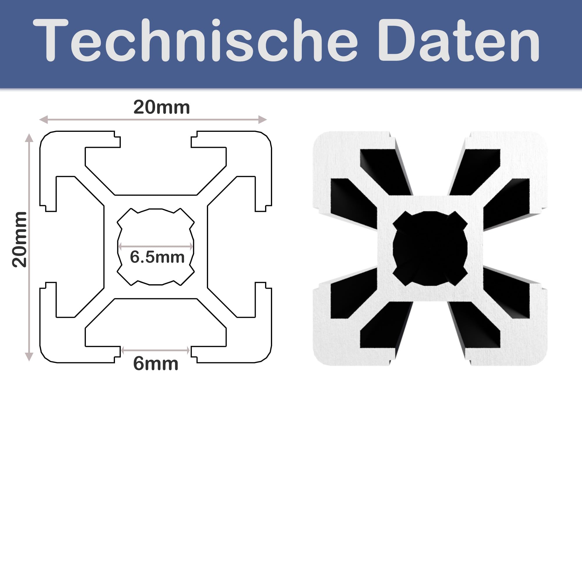 TIVENDIS Montageprofil 20x20 Nut 6 Set 6 Stück 2 Meter Aluminium Alu Profil silber eloxiert Systemprofil für Rahmenbau und Montage