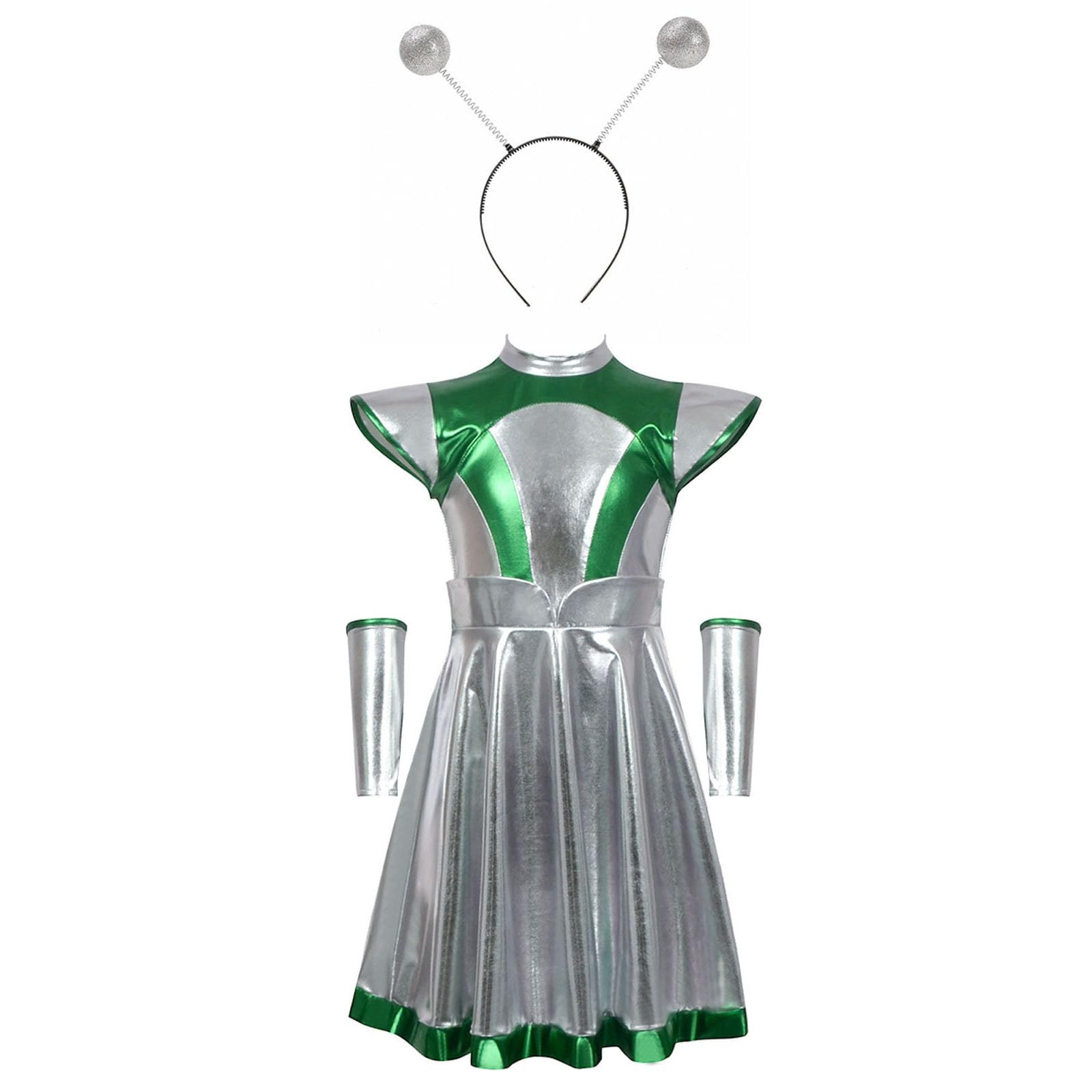 Flodxo Girl Fancy Dress Costume Alien Cosplay Metallic A-Line Dress with Alien Hiar Hoop Robot Dress Up Outfits Casual Funny Novelty Party Performance Kids Dresses Green 7-8Y