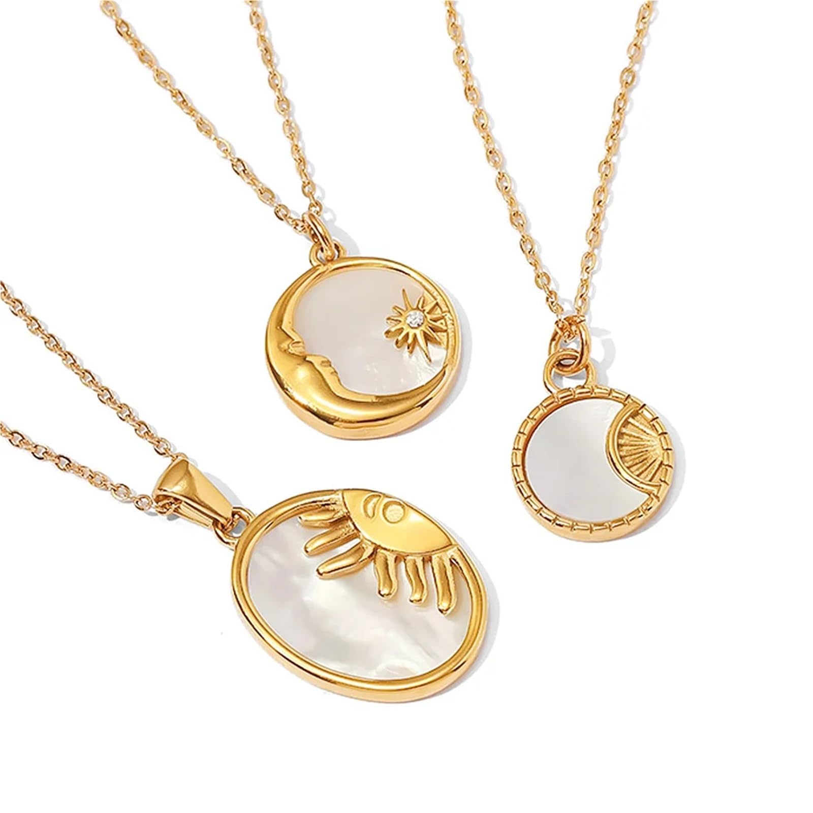 Collana con ciondolo in acciaio inossidabile con conchiglia bianca naturale, ciondolo a forma di luna e stella, rotondo e irregolare, gioiello da donna, 1 pezzo