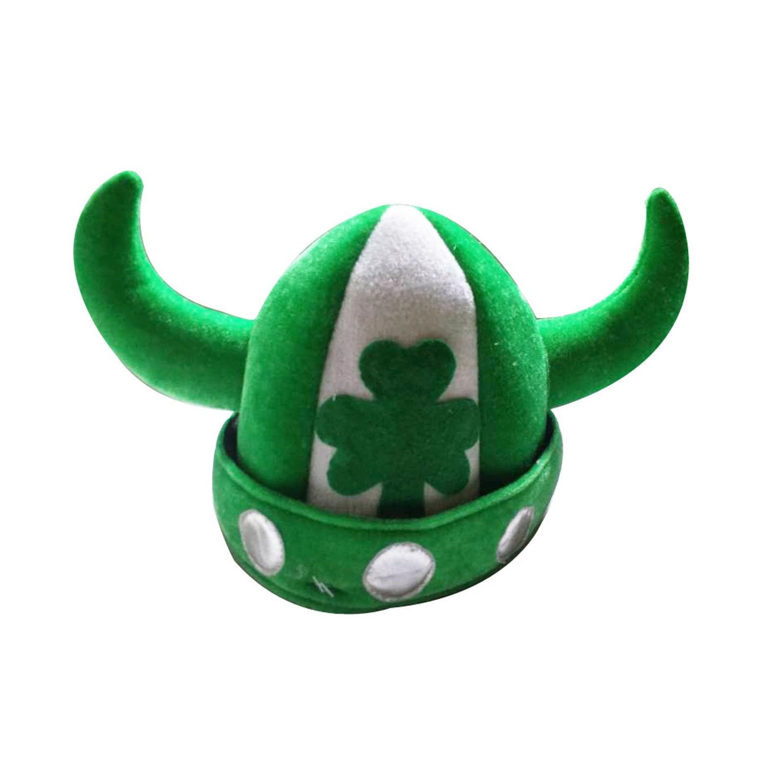 St Patrick's Day Viking Hat - Green Plush Helmet with Shamrock Design, Fancy Dress Party Accessory for Adults & Kids, Festive Irish Celebration Costume Headwear for Parades, Events Themed Gatherings