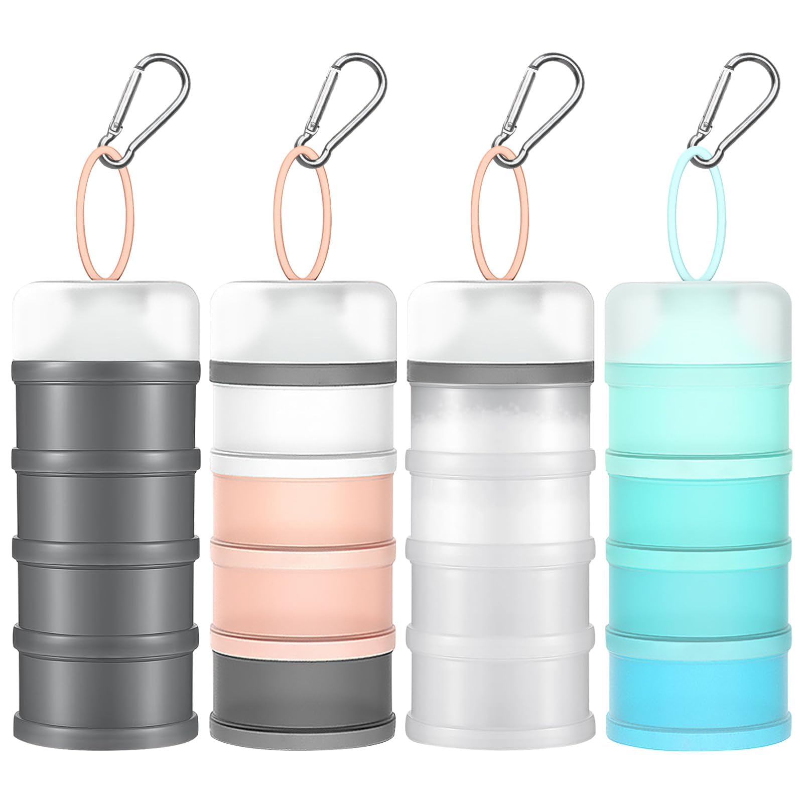 Yexexinm Gray, White, Pink, Blue 4 Pcs Protein Powder Container With Funnels Stand, 4 Stackable Protein Powder Dispenser With Portable Keychain Sports Supplements Storage Container For Workout Fitness Travel, 4 Color