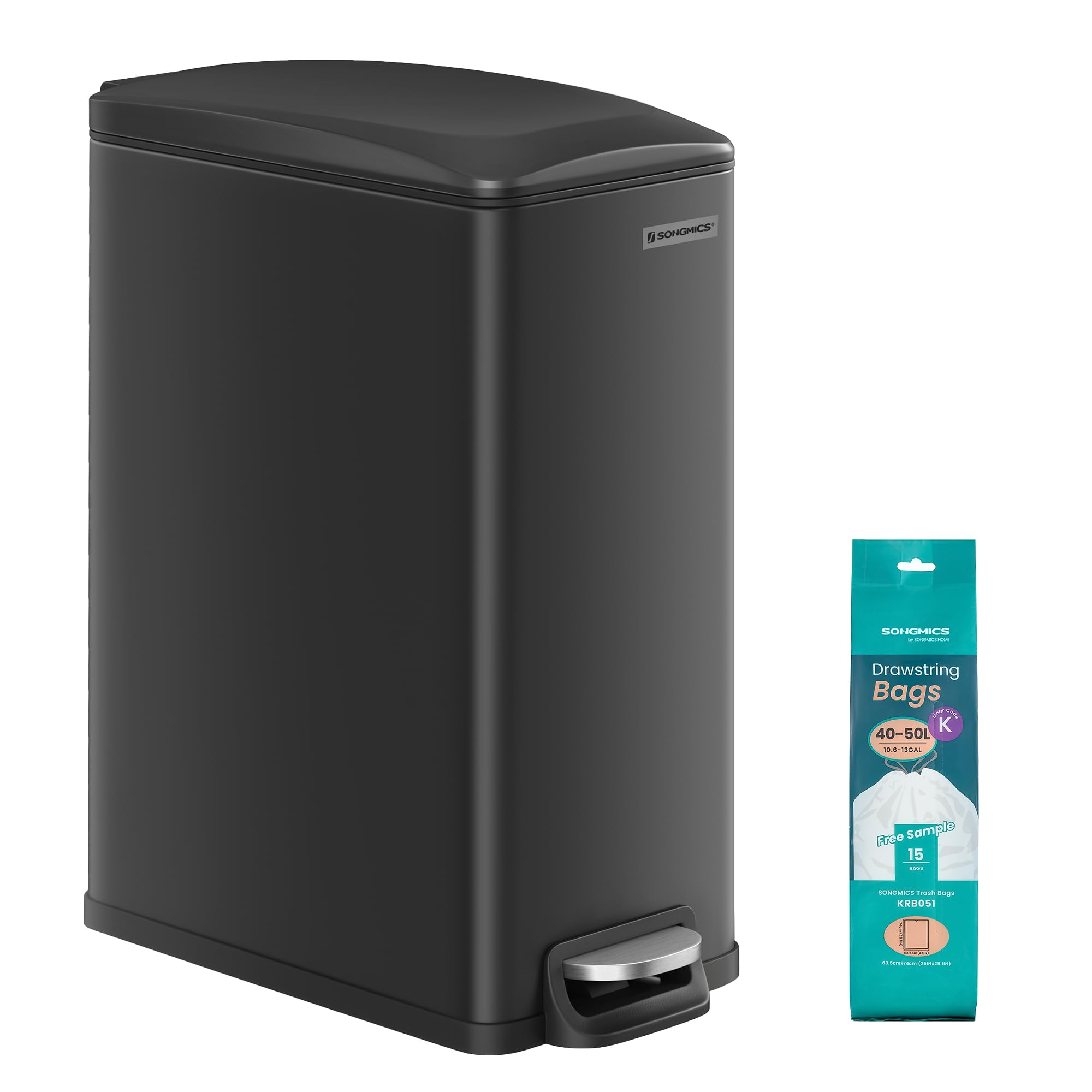 SONGMICS Kitchen Bin 48L, Slim Pedal Bin for Narrow Spaces, Rubbish and Waste Bin with Soft-Close Lid and Inner Bucket, Steel, 15 Rubbish Bags Included, Black LTB510B4802 โ image 1