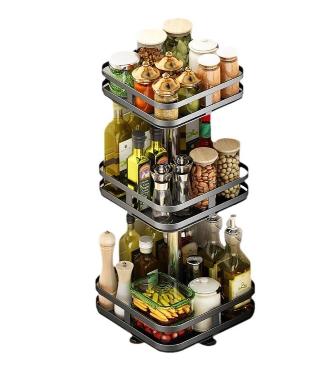 YNIYUJKL Spice Rack Spice Organizer Spice Shelf 3-Tier Rotating Spice Rack Carbon Steel Kitchen Spice Jar Bottle Rack Organizer Rack Countertop Storage Rack Seasoning Organizer Sp,Black-B-Square