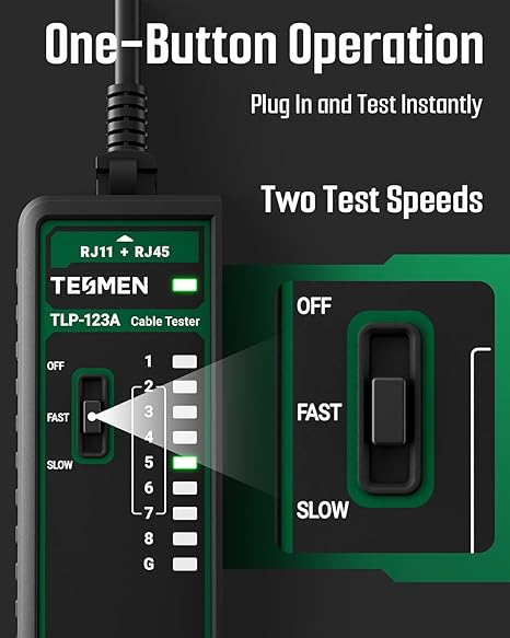 TESMEN TLP-123A Network Cable Tester for RJ11 RJ45, Ethernet Wire Tool for CAT5/CAT5E/CAT6/CAT6A/CAT7/UTP&STP, LAN & TEL Continuity Test, suitable for cable maintenance - Green