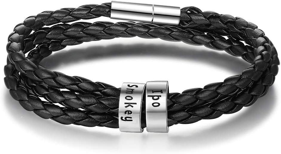 Personalized Mens Leather Bracelet with 2-5 Custom Beads Braid Black Name Charm Bracelet for Men Father Husband with Family Names Bracelet