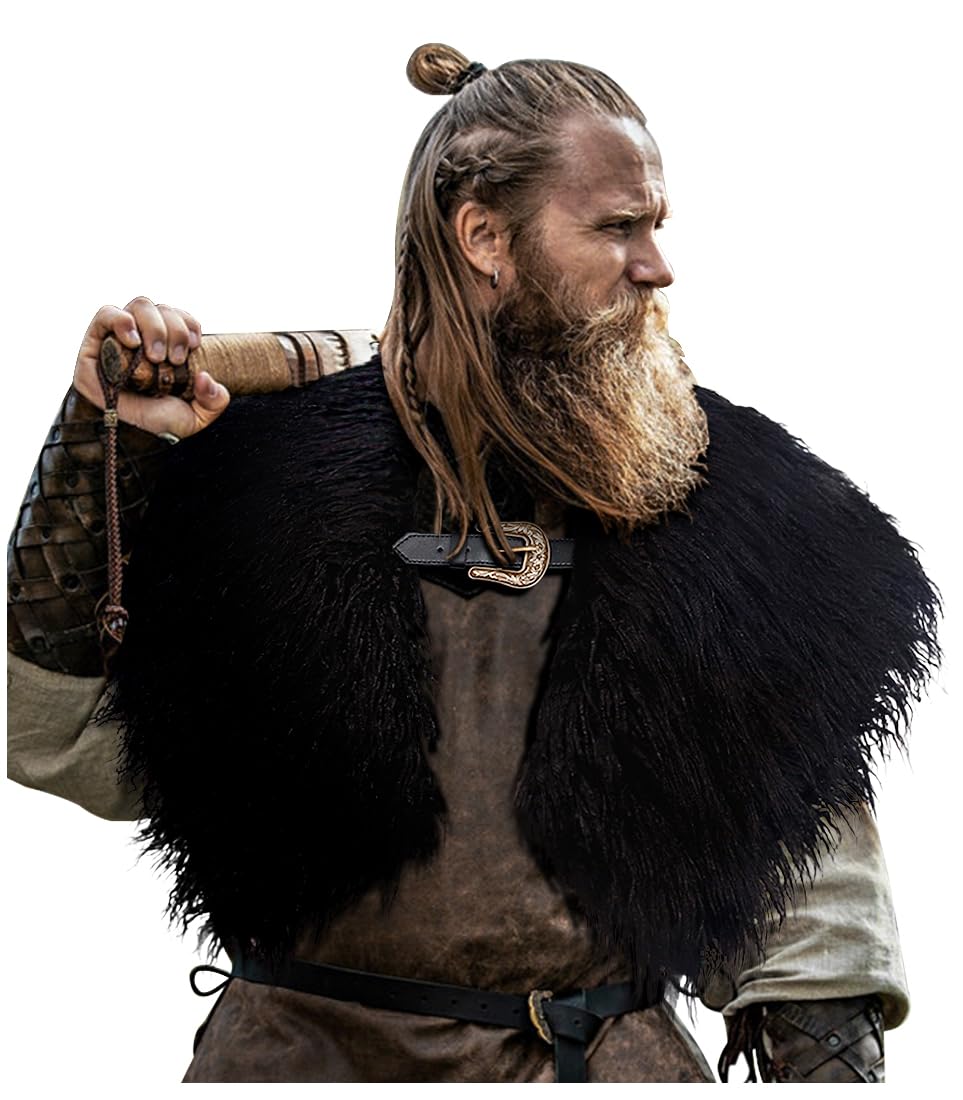 keland Hombres Vikingo Piel de Hombro Collar de Cuello de Piel Sintética Medieval Bufanda Capelet con Cinturón (Y-Negro)