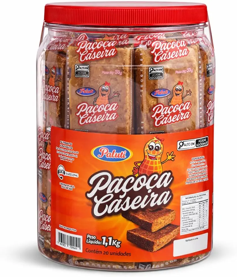 Paçoca Caseira Pote com 20 Unidades Paluti Peso 1,1kg Doce de Amendoim Torrado, Sabor de Infância textura macia que derrete na boca