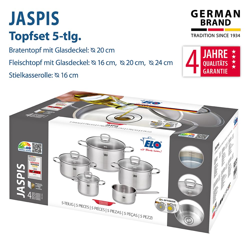 ELO Topfset Jaspis 5-teilig, Edelstahl 18/10 - Induktion, Literskala | Volumenskala, Öl-Dosiersystem, spülmaschinengeeignet, backofenfest, Geschweißte Edelstahlgriffe