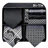 Hi-Tie 3 Pcs Gift Box Mens Tie Set Necktie with Pocket Square Cufflinks Lapel Pin Silk Neck Tie Collection,Black