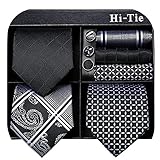 Hi-Tie Mens Ties Set Black Silk Ties in Gift Box 3 Pcs with Pocket Square and Cufflinks Set