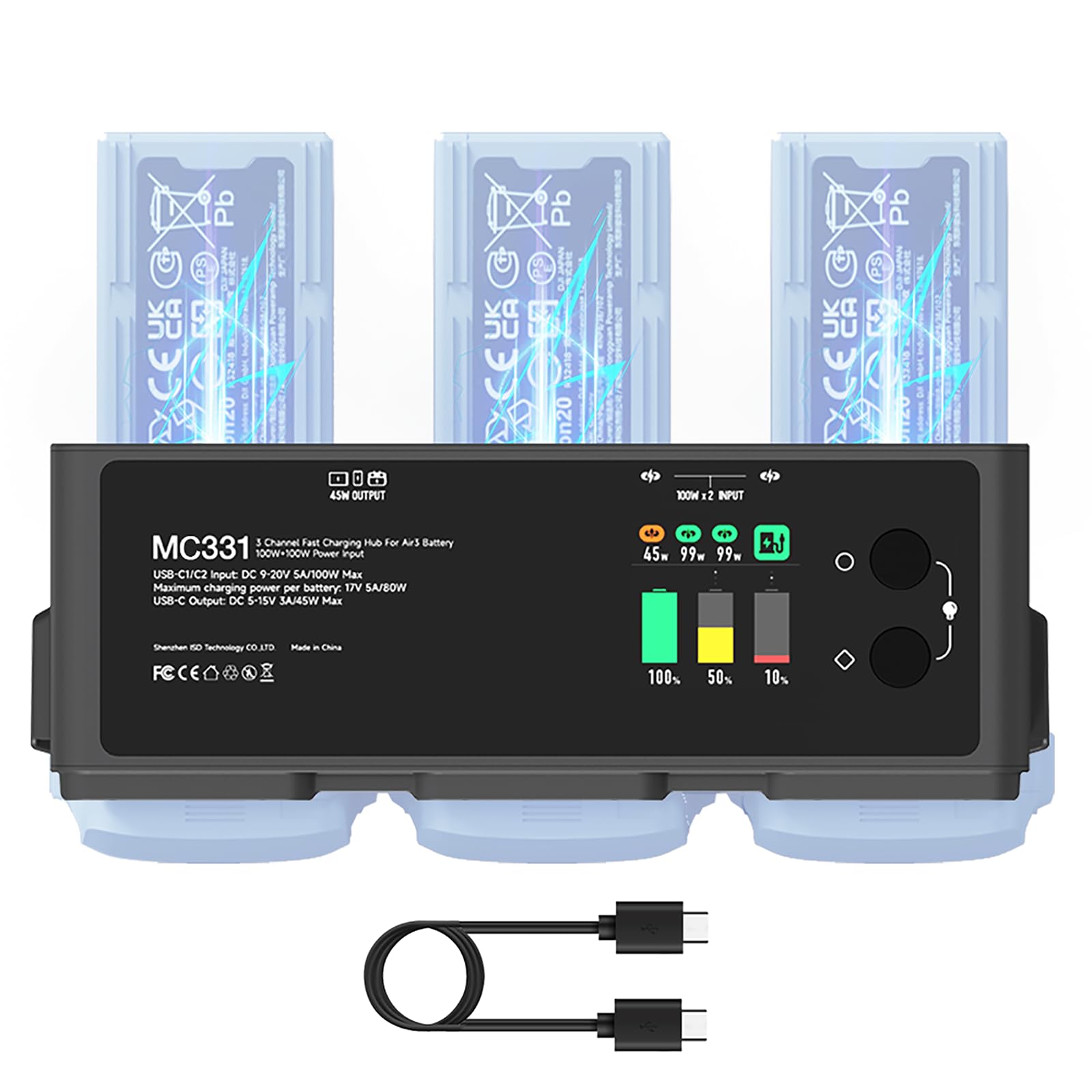 ISDT MA331 Air 3/3S - Hub di ricarica, 200 W, 3 canali, per DJI Air 3/3S, caricatore RC con connessione APP/LCD e funzione di scarica