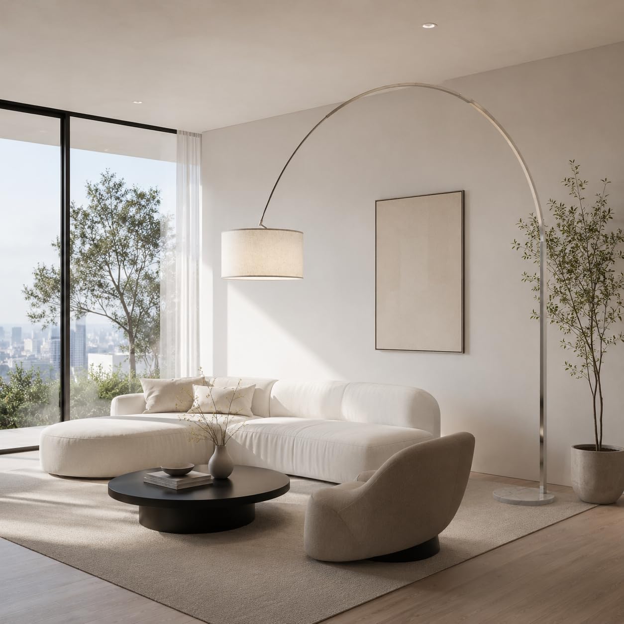 Alpinaluz lampada da terra ad arco grande 240 x 220 cm, base in marmo bianco naturale, paralume in tessuto beige orientabile Ø50 cm, design moderno, attacco E27, per soggiorno e sala da pranzo