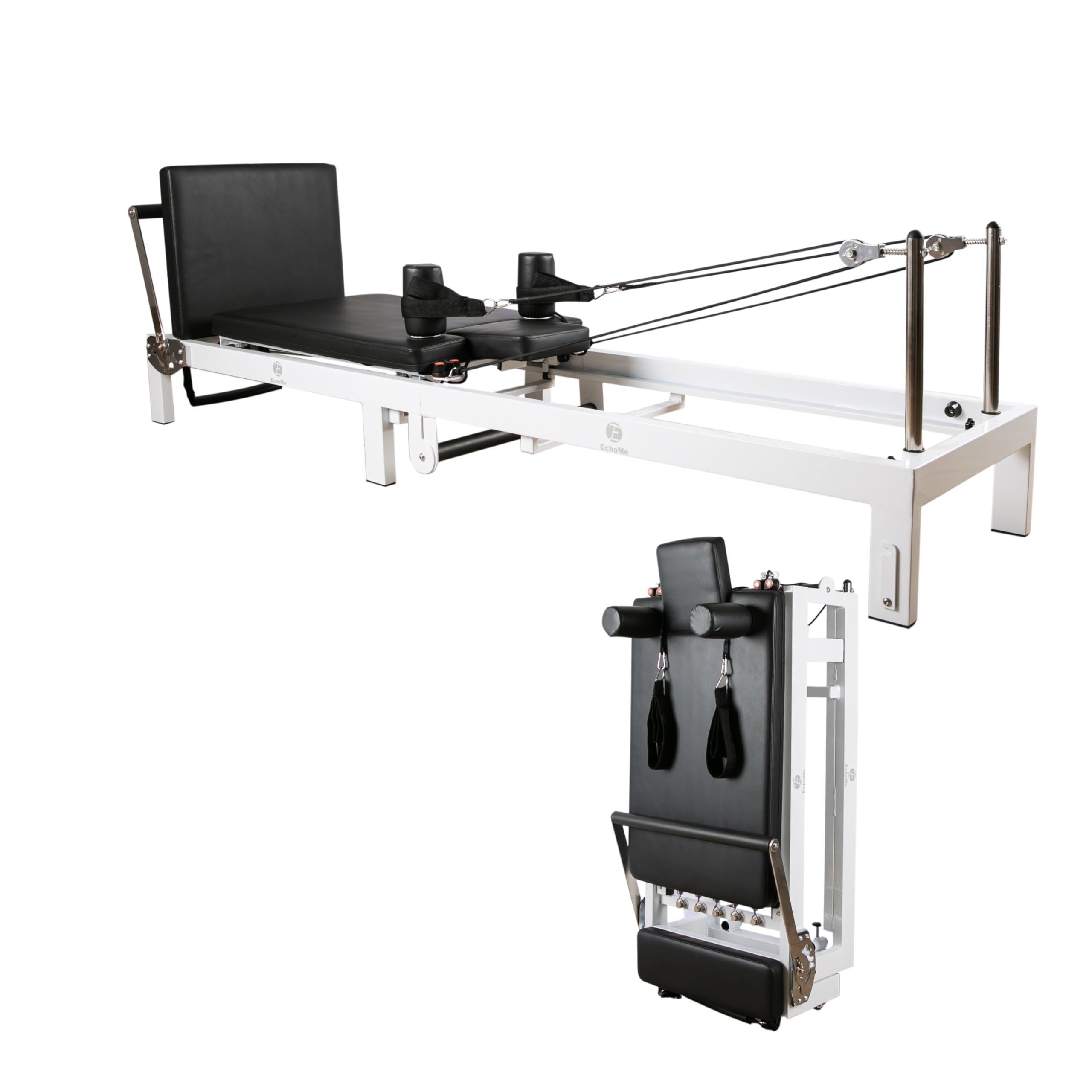 Pilates Reformer,EchoMe Foldable Reformer Pilates Machine for Home Use, with Alloy Resistance Springs, Pilates Equipment for Home Workouts with Jump Board, feet Strap,up to 400lb Longer Size(White)
