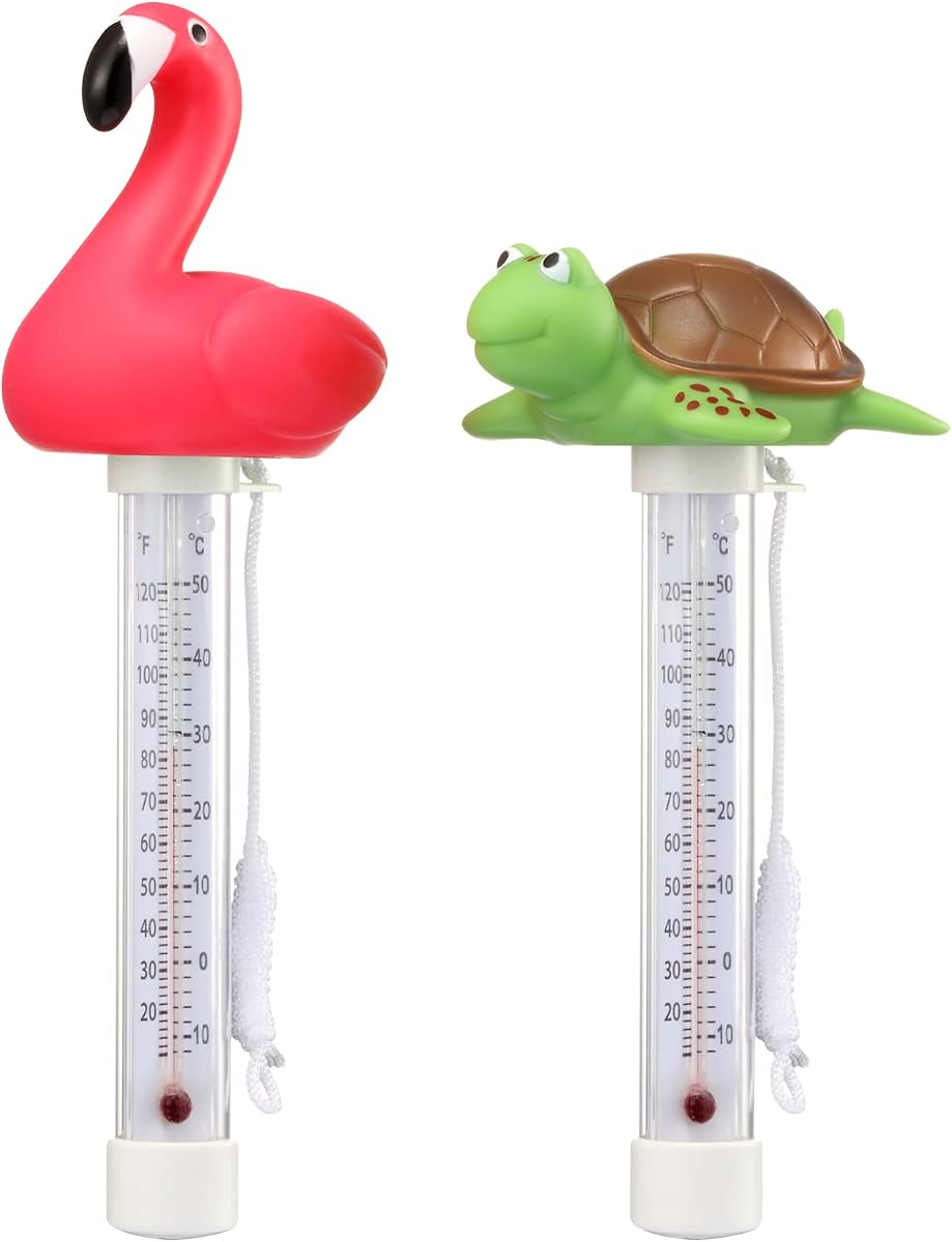 2 Packs Floating Pool Thermometer, Flamingo & Turtle Design Large Size Easy Accurate Readings for Water Temperature, Shatter Resistant with String for Outdoor & Indoor Swimming Pools & Spas