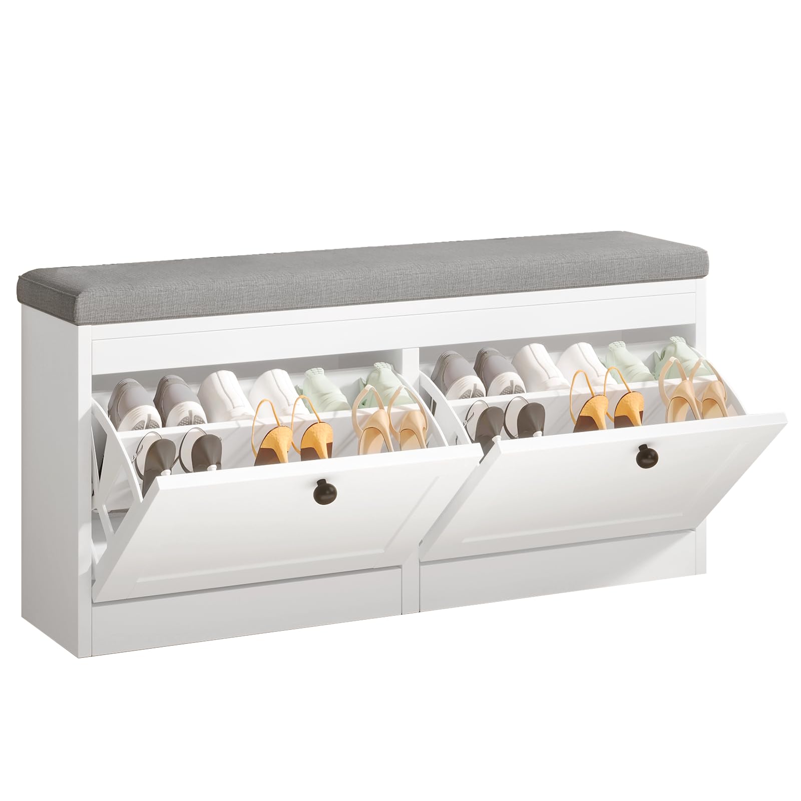VOWNER Meuble Chaussures, Banc de Rangement à Chaussures, avec Coussin Confortable, Meuble d'entrée Rangement pour Chaussures, 106 x 31 x 52 cm, Séparateurs Réglables (Blanc)