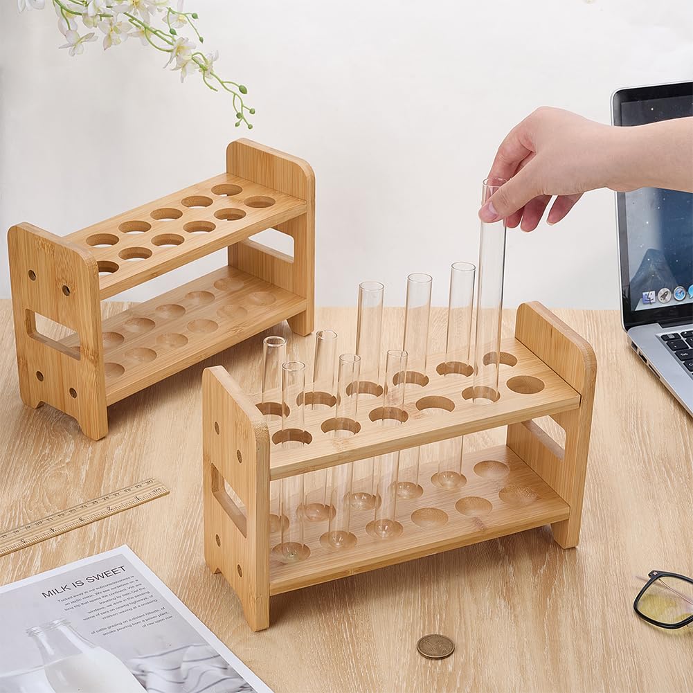 UNICRAFTAL 2 piezas soporte de tubo de bambú 12 agujeros portaprobetas multifunción bandeja rectangular 26,3 x 10 x 17 cm para tubos lápices pinceles plantas decoración laboratorio y hogar