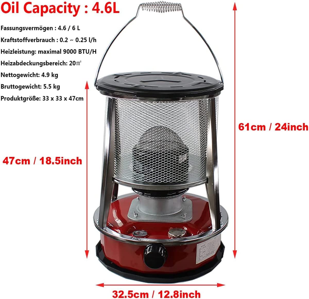 9000Btu/H Chauffage D'appoint Petrole, 4.5L Poele A Petrole De Feu Réglable Pour Terrasse Accueil Intérieur Extérieur Terrasse De Camping,Rouge