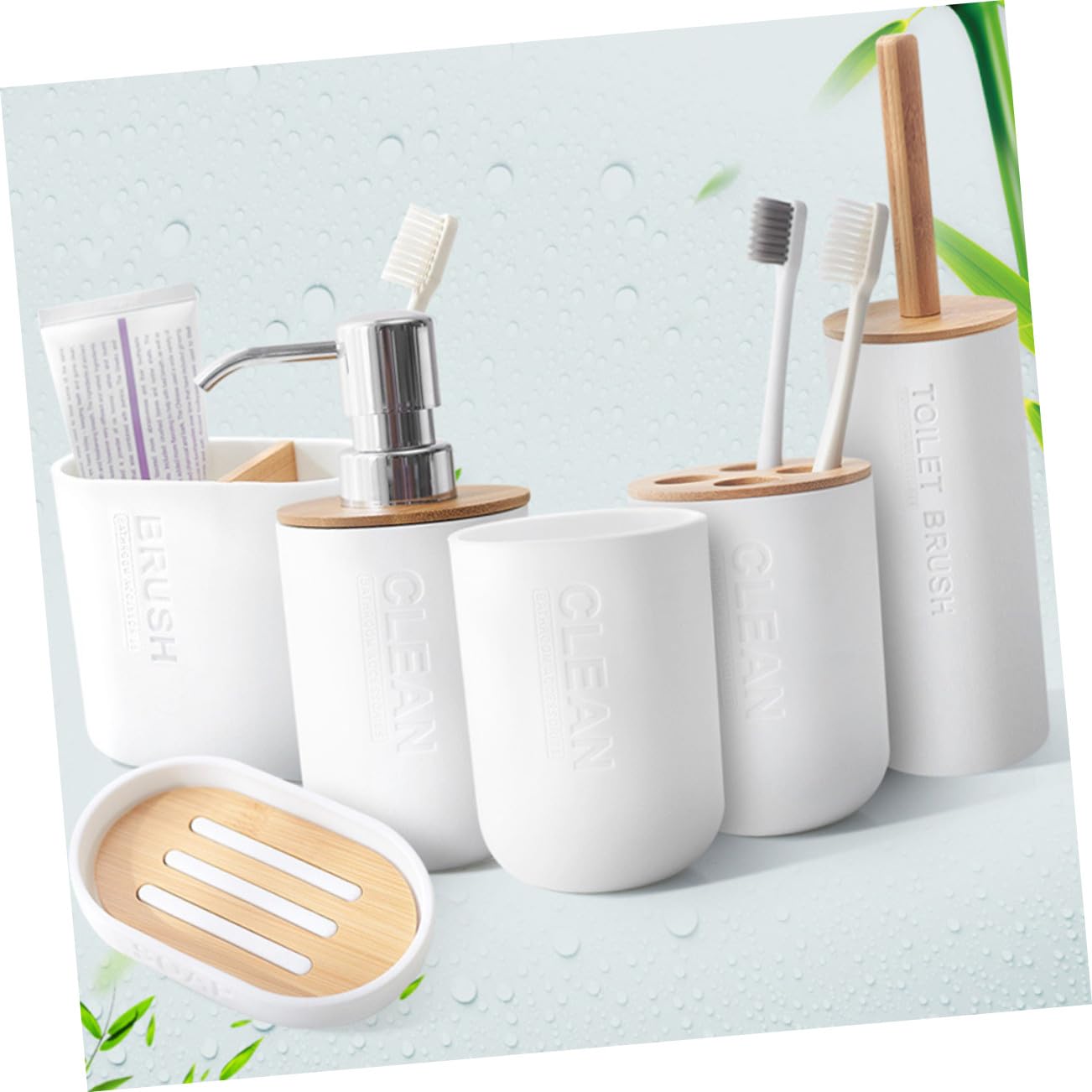 Conjunto de Accesorios de Baño de Plástico y Bambú para Almacenamiento Elegante y Práctico para Cepillos y Jabón Hotel o Uso Doméstico