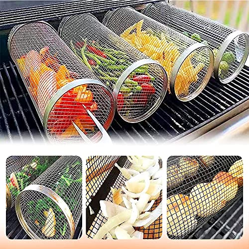 Bbq Net Tube - Rolling Grilling Basket, Greatest Grilling Basket Ever, Stainless Steel Wire Mesh Cylinder Grill Basket, Portable Outdoor Camping Non-Stick Barbecue Bag For Fish Vegetable (7.8In) #TOP3