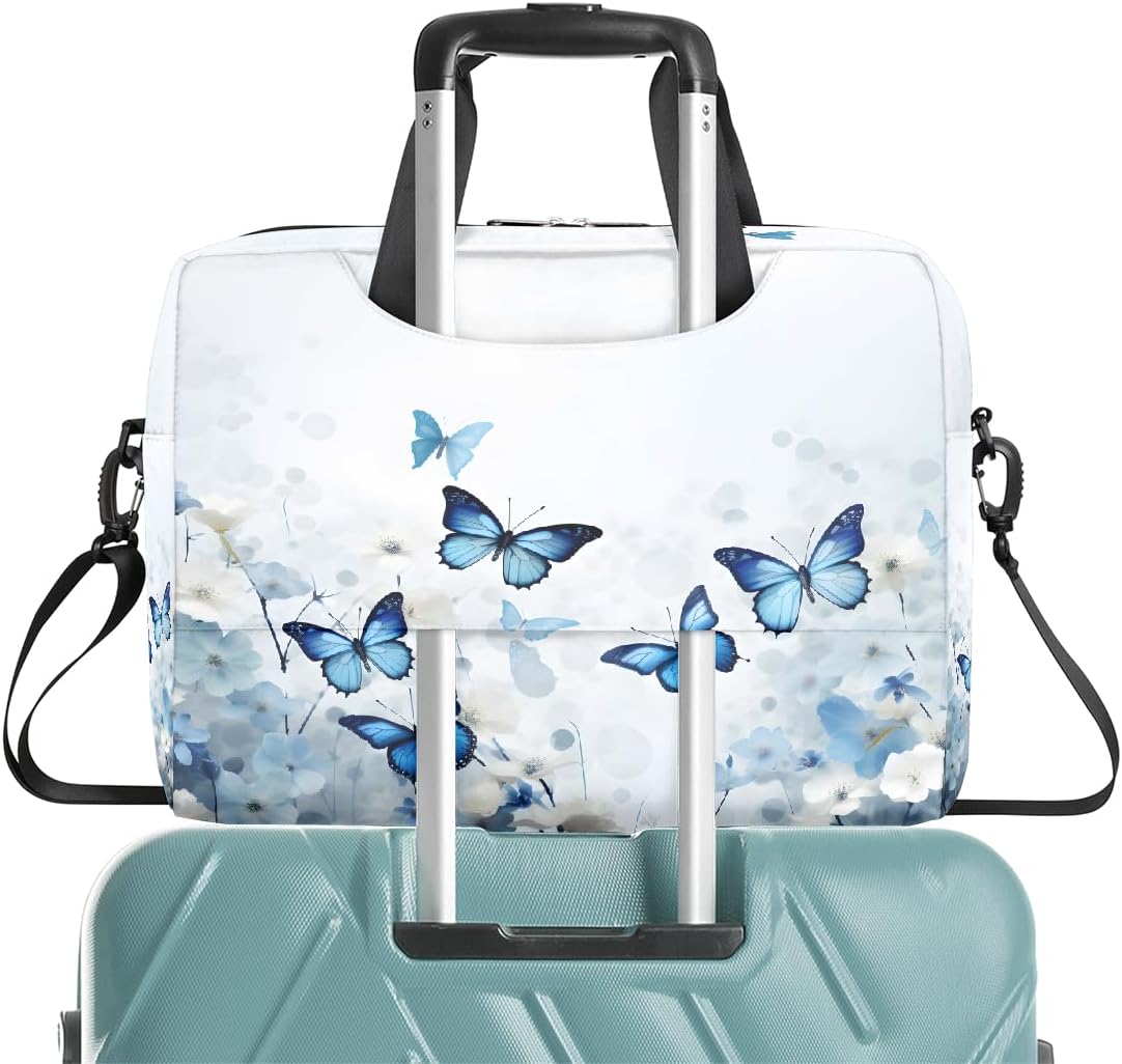 Watercolor Blue Butterfly Flowers Laptop Bag 16 Inch, Slim Business Briefcase for Men Women, Shoulder Bag with Handle & Detachable Strap, Work Office Computer Messenger Bag