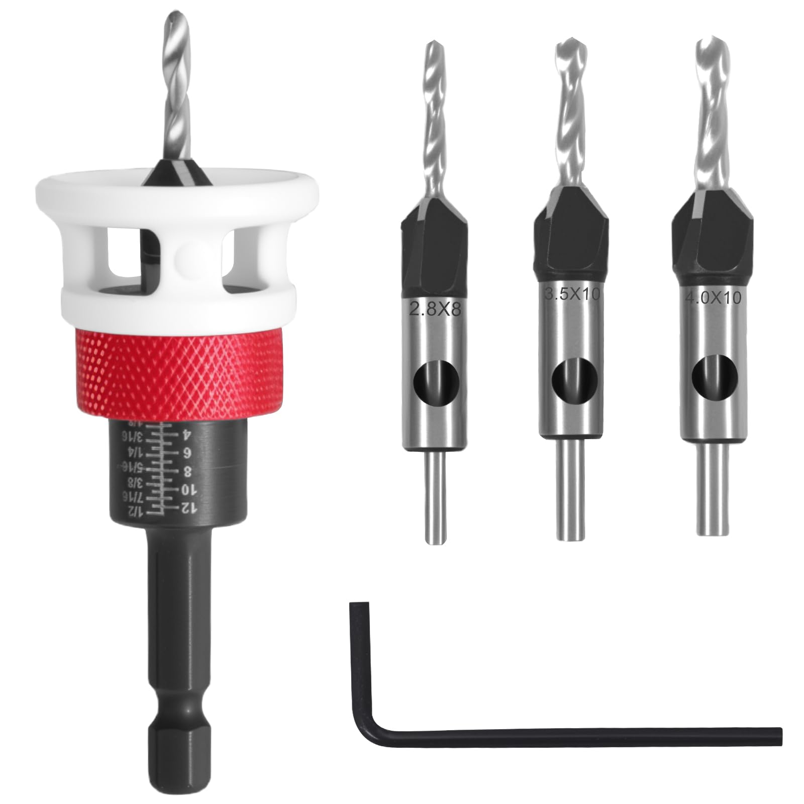 Countersink Drill Bit Set, 6 Pieces, 2.8/3.2/3.5/4.0mm Countersink Wood Drill Bit with Depth Stop, Drills Countersinks with 1/4 Inch Hex Shank,Made of HSS, Precise Drills, for Wood Processing