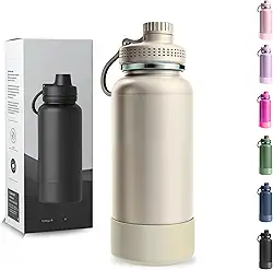 Garrafa Térmica 1000ML - Duplamente Isolada a Vácuo, Aço Inox 304, Capa Protetora da Base de Silicone, Mantém Bebidas Gelada 24 horas e Quente 12 horas (Creamy Wide)