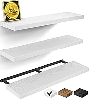 Vista 15 de BAYKA Estantes flotantes blancos para pared, estantes de pared de madera rústica con soportes de metal para baño, dormitorio, cocina o sala de C.