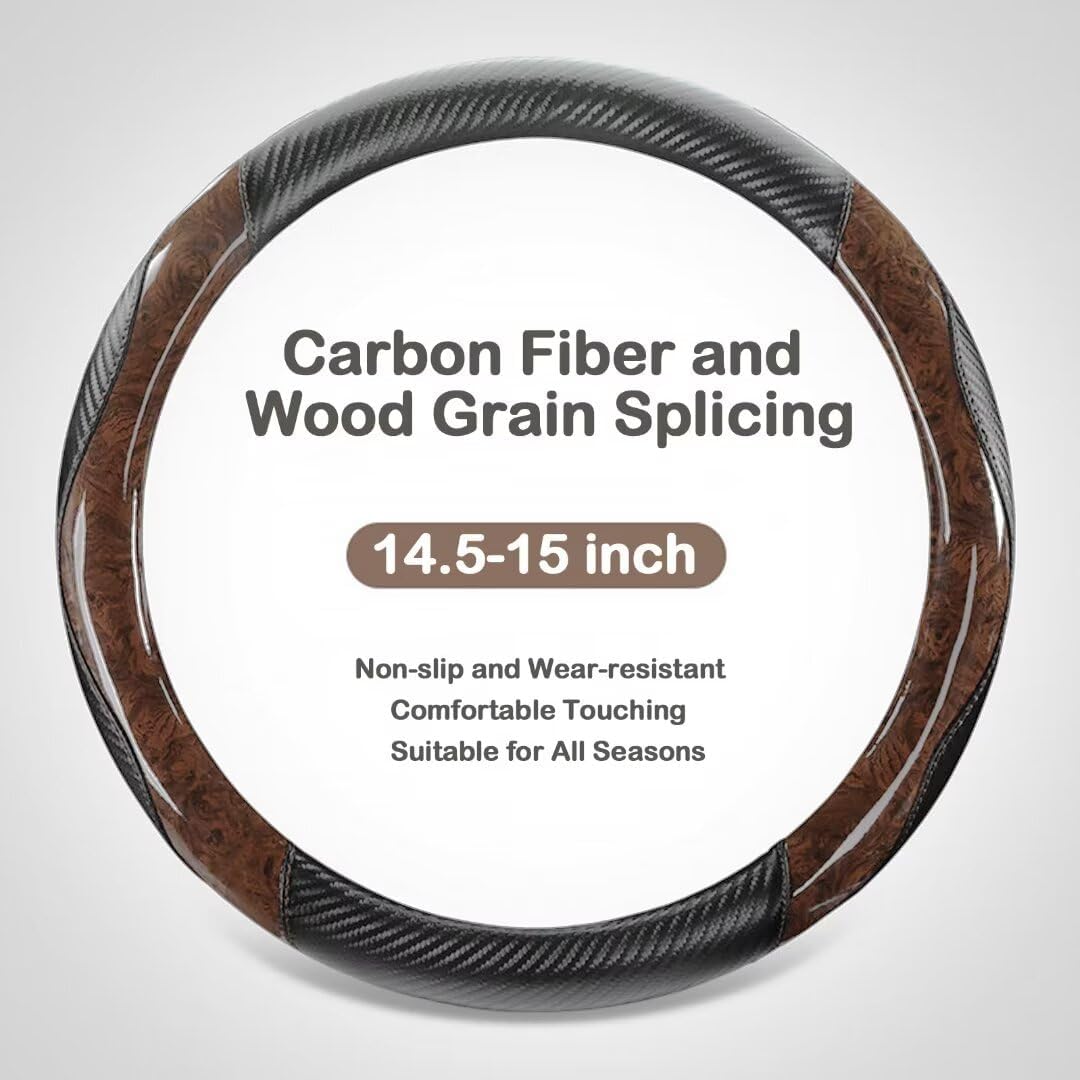 Wood Grain Steering Wheel Cover Carbon Car Steering Wheel Covers 14 1/2-15 inch with Coasters Microfiber Leather Splicing Breathable Anti-Slip Durable Universal Steering Wheel Protective - Image 4