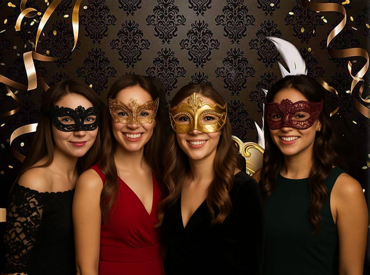 AIBIIN 7x5ft Masquerade Mardi Gras Backdrop – Purple & Gold Birthday Photography Background, Party Decor For Theme Events