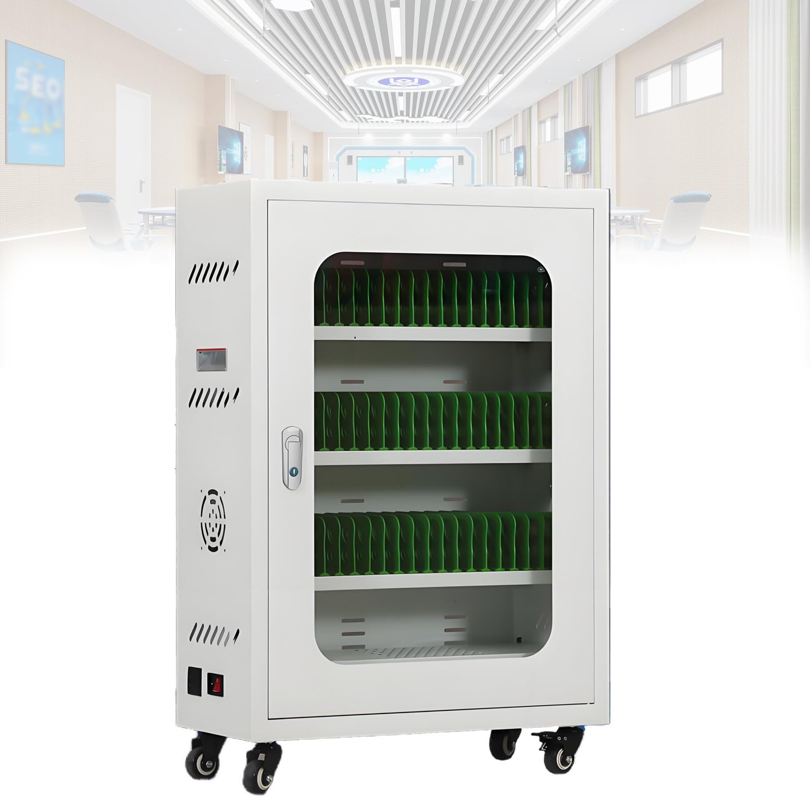 GTHTUHFD Rechargeable Mobile Device Storage Locker With Lockable Charging Station, Wheels, And Combination Lock,Mobilephone(white)-60bit