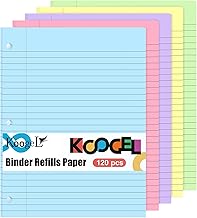 Koogel Binder Refills Paper, 120 Sheets Lined Filler Paper 3 Holes Punch for A4 A5 Notebook Binder Planner School Office 5 Colours