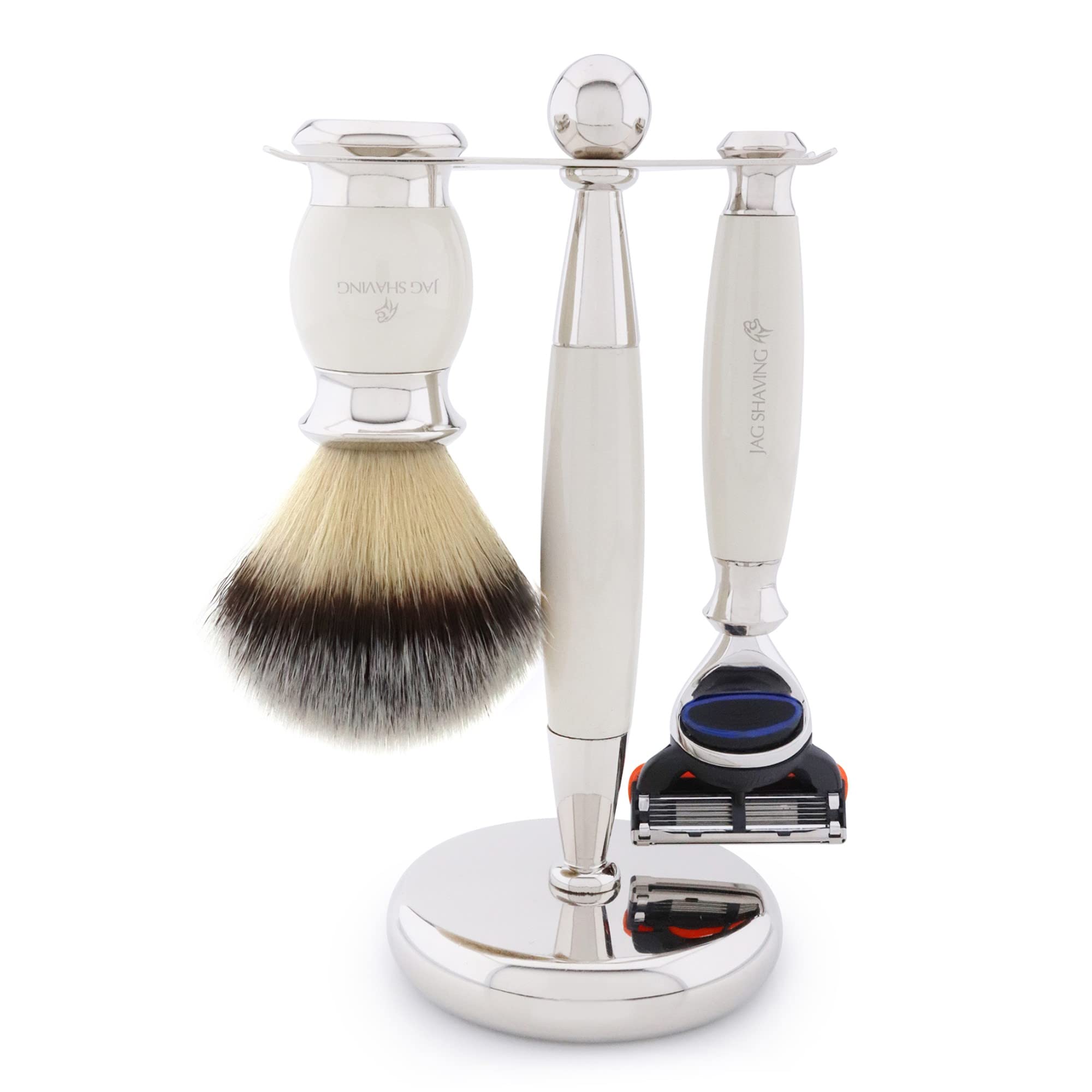 Jag Shaving Rasierset - 4-teiliges Rasierset - JAG's LEE Range - Synthetik Silberspitzhaar Rasierpinsel - 5 Kante Rasierklingen Rasierhobel - Rasierschale - Rasierständer - Elfenbein Geschenkset