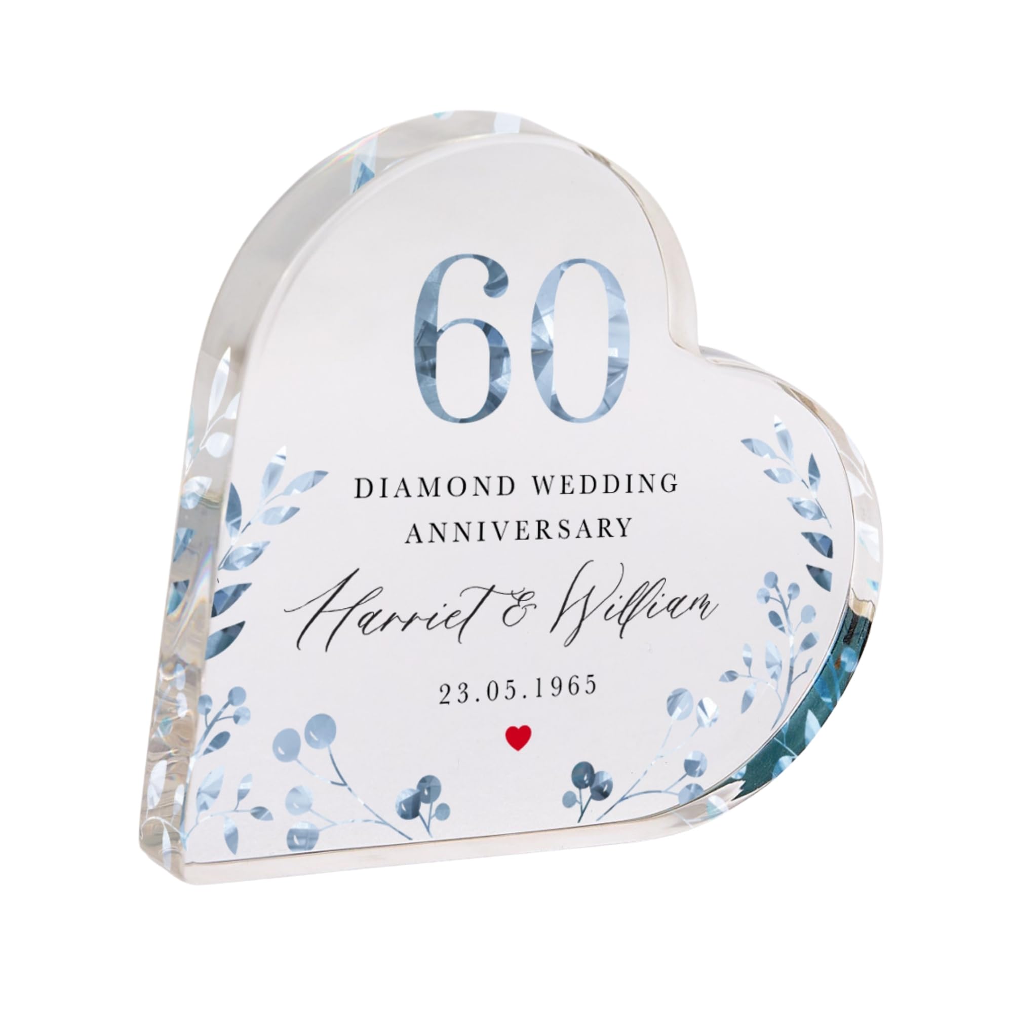 Pomchick - Personalised 60th Wedding Anniversary Diamond Anniversary Heart-Shaped Acrylic Plaque Custom Keepsake Names & Date Elegant Blue Floral Gift
