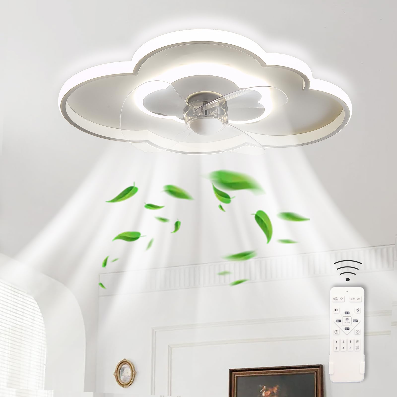 HXYSXHJUO Ceiling Fans with Lights and Remote,Ceiling Fan for Bedroom，Cloud Shape Lamps Dimmable Girls & Boy Bedroom, Nursery, 6 Speeds, White 50CM