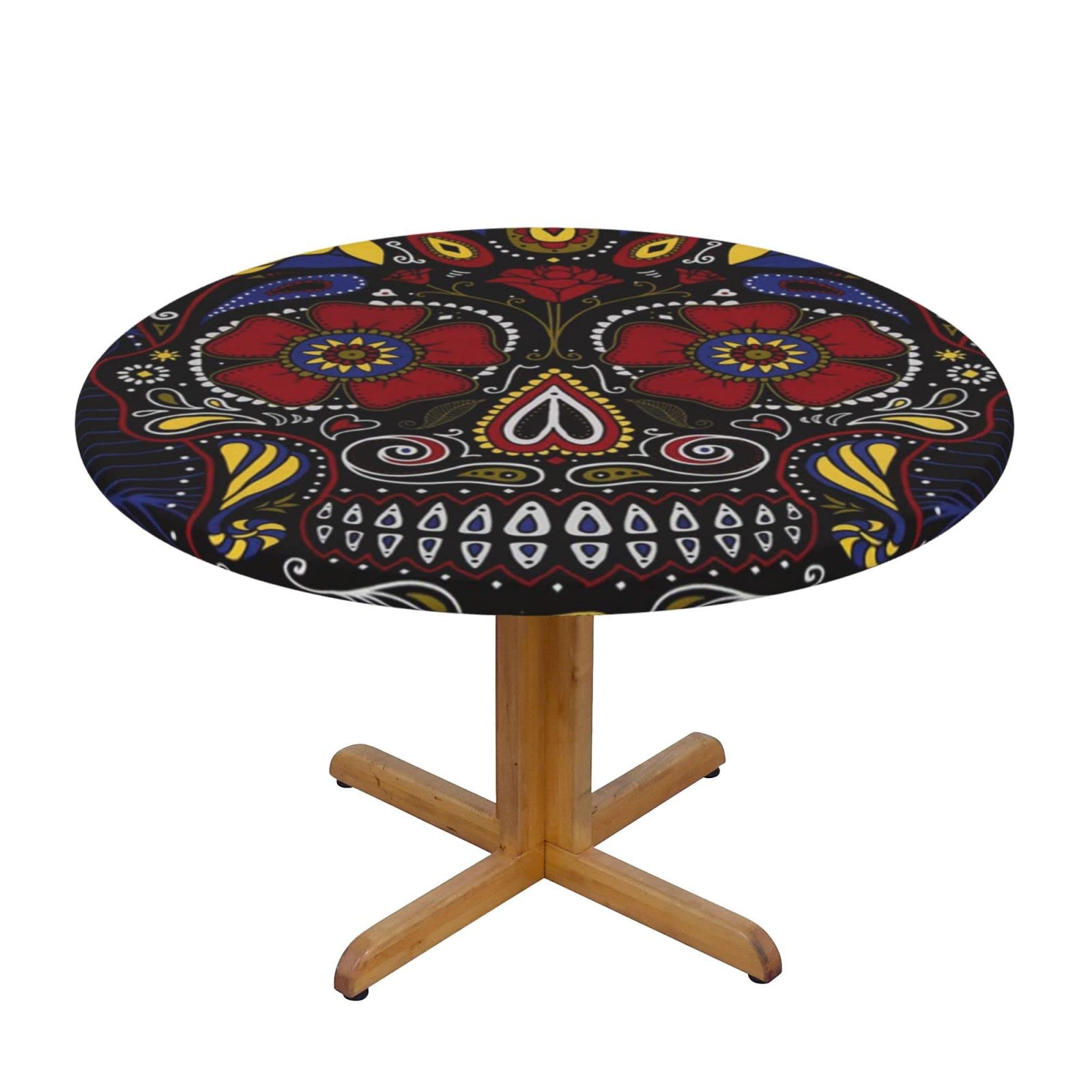 Lsjuee Round Fitted Tablecloth 40-44in Elastic Edged Table Cloth for Kitchen Dining Party Home Decor - Floral Skull Death Flower