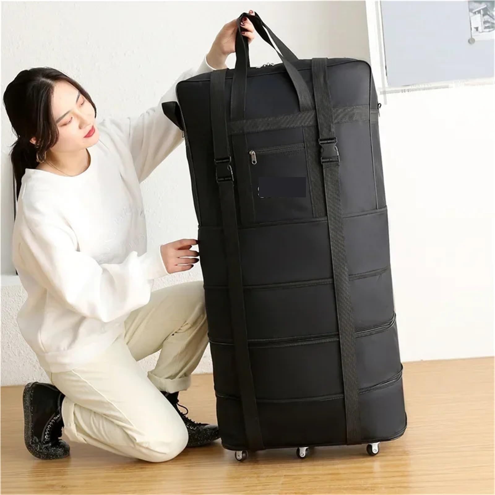 Borsa da stiva for compagnia aerea di grande capacità Cubi imballaggio rotolanti Ruota universale in movimento viaggio pieghevole for deposito bagagli Oxford Per Sport Fitness(Black 95X48X28)