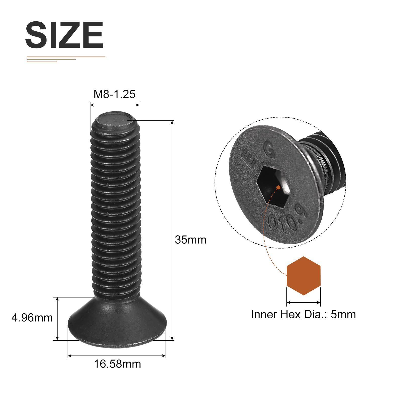 DTGN M8-1.25x35mm Flat Head Socket Cap Screws, 20 Pack Hex Socket Flat Head Screws Carbon Steel Black Oxide, Full Thread - Image 2
